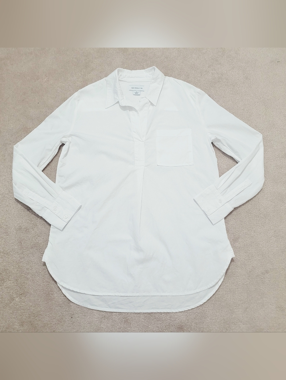 Liz Claiborne White Blouse Tunic Womens Size Small 100% Cotton Popover Classic - Picture 2 of 12